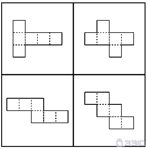 下列四块纸板均由六个正方形组成，问沿虚线折叠，能形成立方体的有几个？ #530263-空间翻转-图形视觉-33IQ