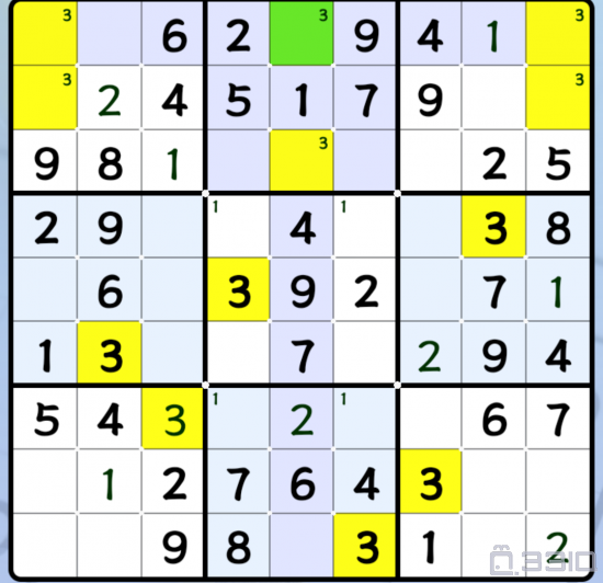如图，绿色格子如果填3会导致哪个奇数数字在数独中发生错误？b1（第一宫... #548035-数独游戏-数学天地-33IQ